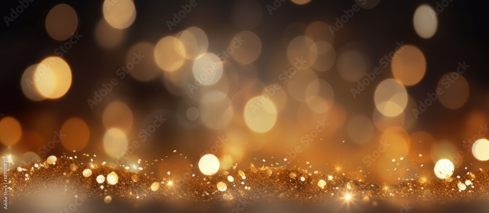 Poster High quality photo of golden bokeh particles and highlights on a dark background for a festive abstract Christmas texture Copy space image Place for adding text or design