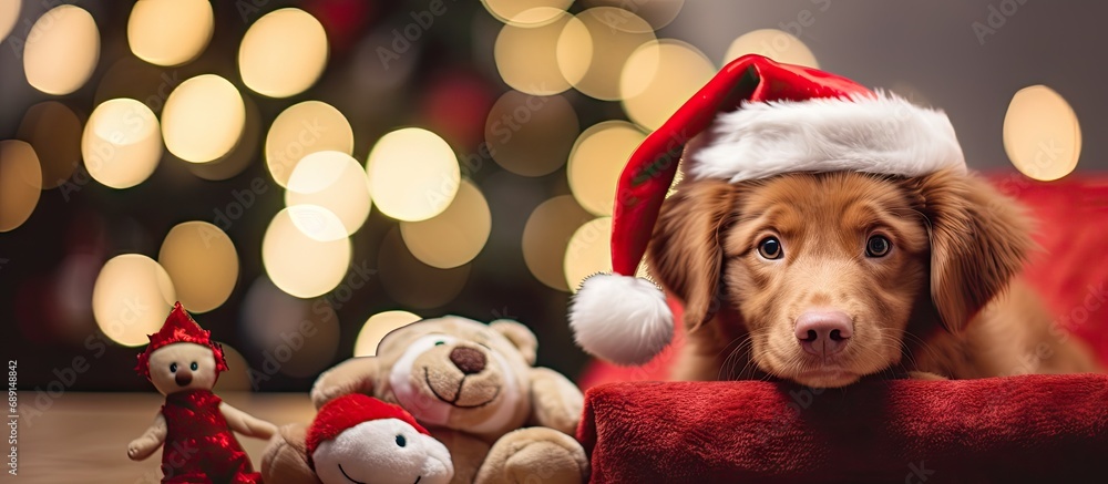 Poster golden retriever with teddy bear and santa hat in festive home with gifts creating a magical christm