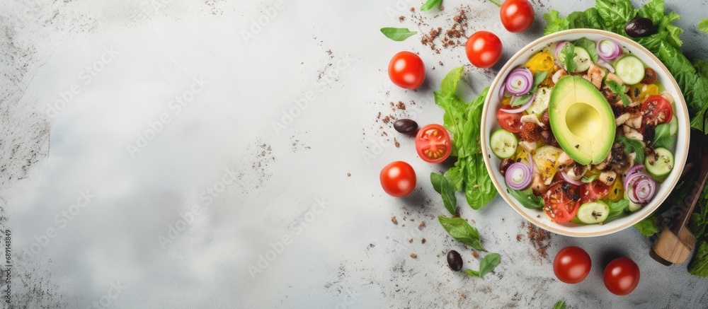 Poster Healthy ketogenic dish Avocado and tuna salad with fresh vegetables Copy space image Place for adding text or design