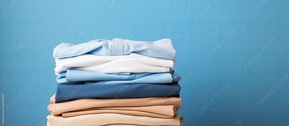 Poster clean clothes stacked on a beige background close up view of blue and white cotton garments cleaning