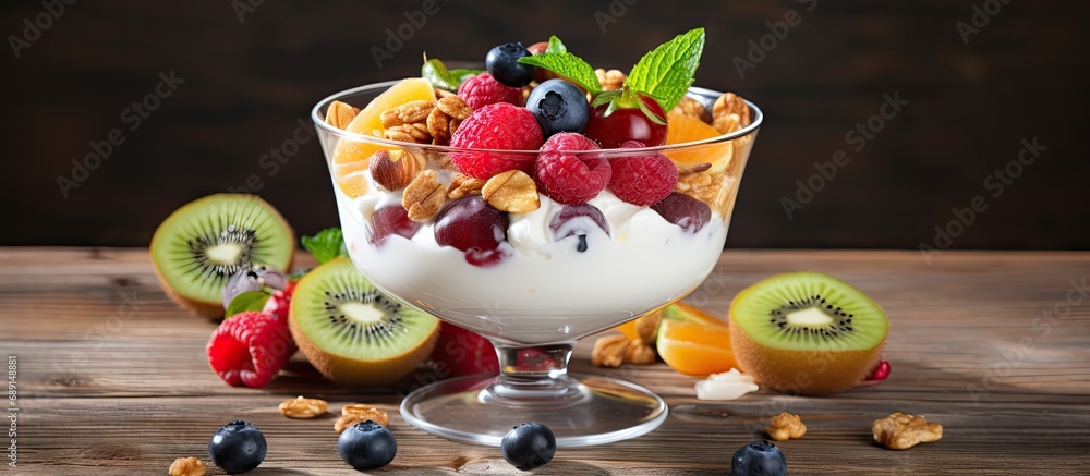 Aufkleber healthy breakfast with yogurt granola and fruit berry salad copy space image place for adding text o