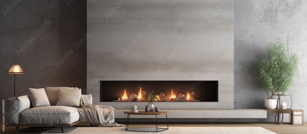Poster Modern living room with 3D rendered fireplace Copy space image Place for adding text or design