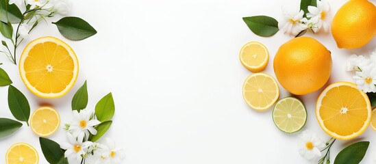 High quality photo of citrus fruits leaves and flowers arranged as a flat lay on a white background Copy space image Place for adding text or design - obrazy, fototapety, plakaty