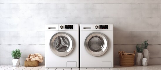 Contemporary laundry machines Copy space image Place for adding text or design - obrazy, fototapety, plakaty