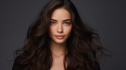 Fototapeta premium Beauty fashion portrait of young woman, waving brunne hairstyle, confident look, studio shot. AI generated