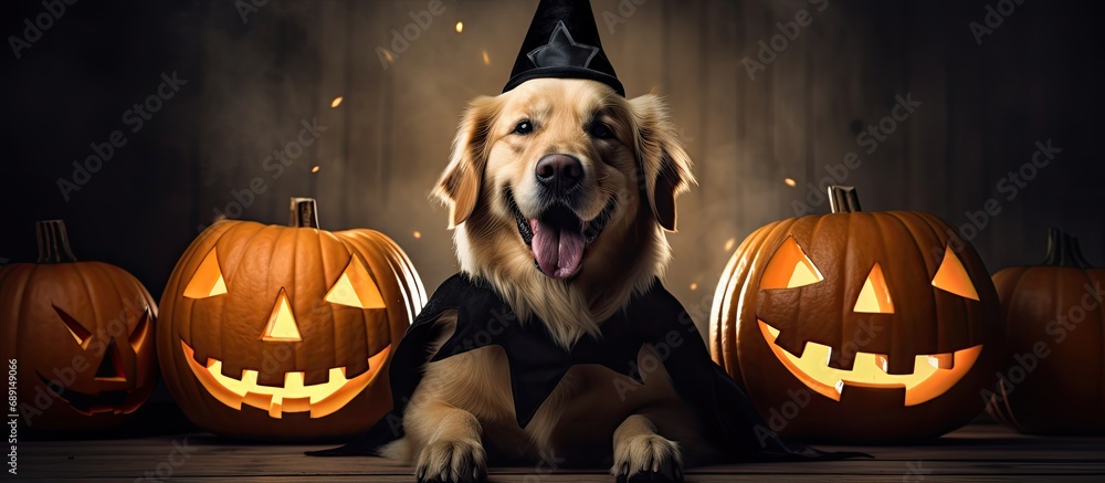 Aufkleber Golden retriever in pumpkin costume with bats and smile on a white background for Halloween Copy space image Place for adding text or design