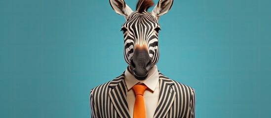 Humorous zebra head on human body art collage with clip art Copy space image Place for adding text or design