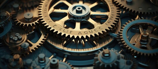 Macro photo of toothed mechanism with INFLUENCE concept letters Copy space image Place for adding text or design