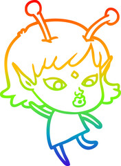 rainbow gradient line drawing of a pretty cartoon alien girl dancing
