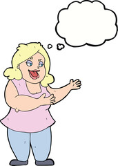 cartoon happy fat woman with thought bubble