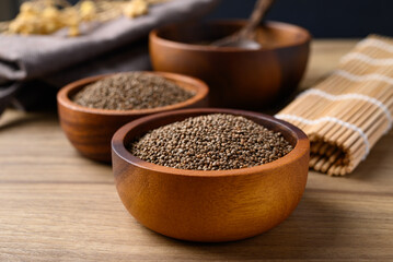 Perilla seed in wooden bowl, Healthy herbal seed ingredients in Asian food
