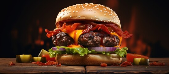 Mouthwatering handmade American beef burger Copy space image Place for adding text or design