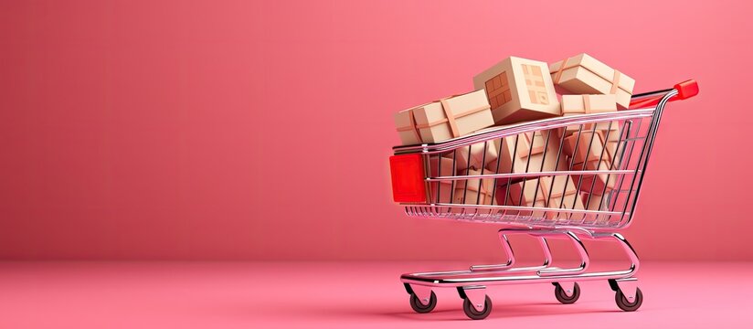 Online shopping concept with red cart and pink background Shoppers can shop from home with delivery service and copy space Copy space image Place for adding text or design