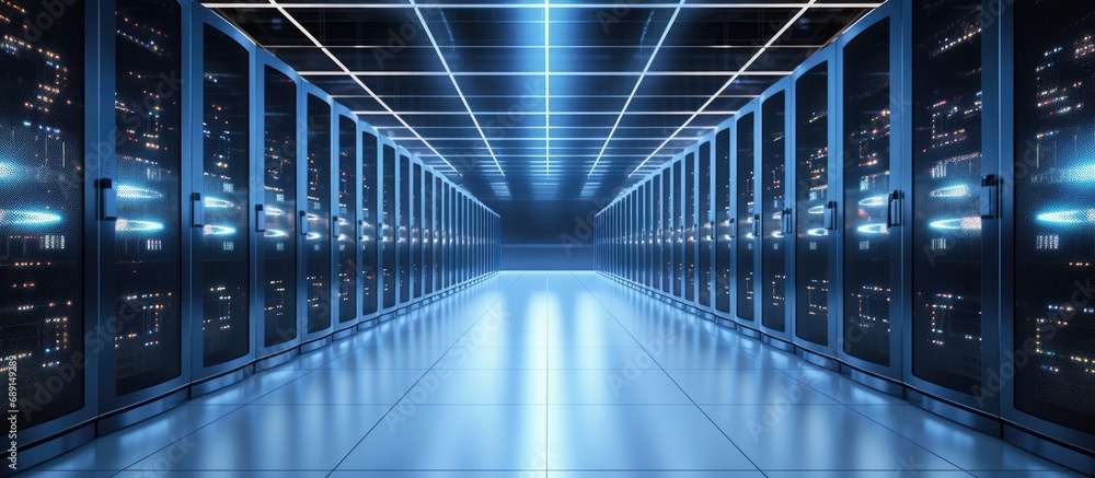 Poster AI and NLP cluster in a clean data center with white server cabinets Supercomputer and cloud computing Copy space image Place for adding text or design