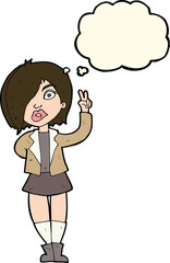 cartoon cool girl giving peace sign with thought bubble