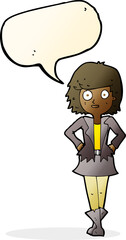 cartoon girl in jacket with speech bubble