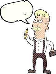 freehand drawn comic book speech bubble cartoon man with notebook