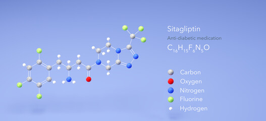 sitagliptin molecule, molecular structures, anti-diabetic medication, 3d model, Structural Chemical Formula and Atoms with Color Coding
