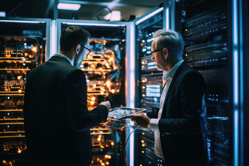 manager and an employee discuss and control the operation of a cloud computing and storage server farm