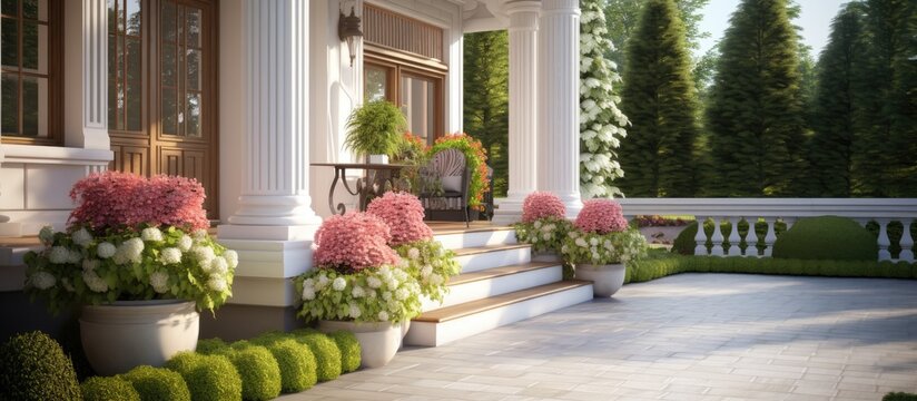 Luxurious house entrance with patio and beautiful landscaping on a sunny day Copy space image Place for adding text or design