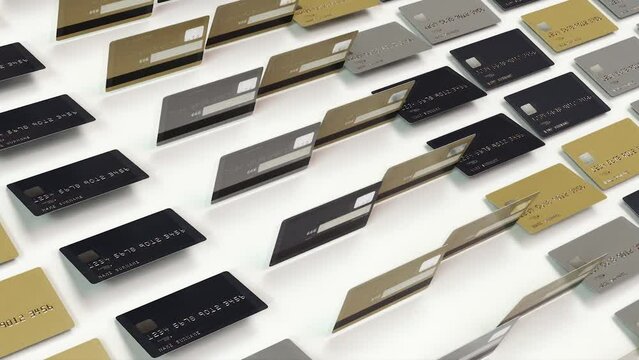 A grid array of gold, silver and black credit cards floating above a white surface moving in a line and popping upright in a swipe payment motion - 3D render