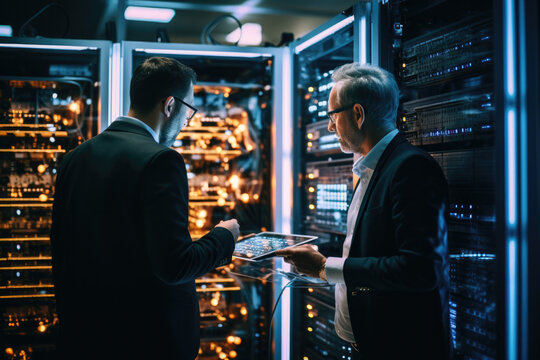 manager and an employee discuss and control the operation of a cloud computing and storage server farm