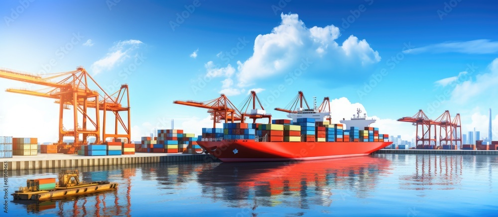 Poster Modern seaport with ships carrying containers on a sunny day Copy space image Place for adding text or design