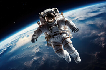 astronaut performing spacewalk in deep space, Earth in the background
