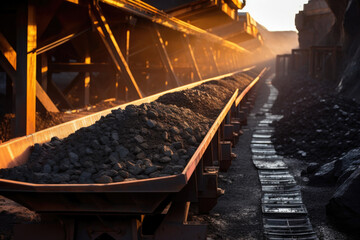 Conveyor belt with ore rocks mining and processing a mining mine - obrazy, fototapety, plakaty