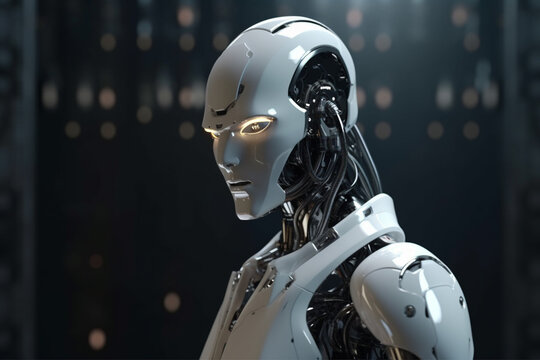3d rendering humanoid robot talking on mobile phone on dark blue background