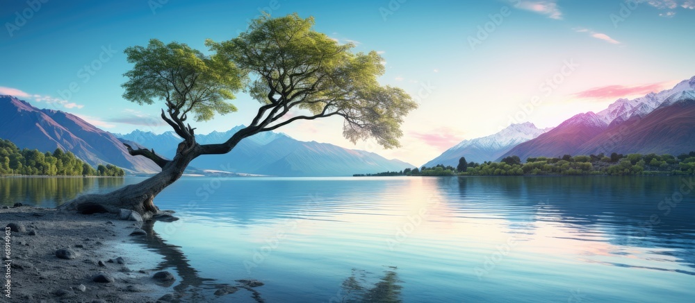 Poster Gorgeous tree in Lake Wanaka NZ Copy space image Place for adding text or design