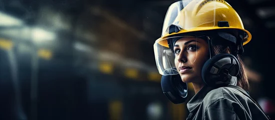 Fotobehang Industrial female worker with PPE dialog box vignette for ads and brochures Ensuring workplace safety Copy space image Place for adding text or design © vxnaghiyev