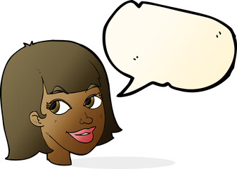 cartoon happy female face with speech bubble