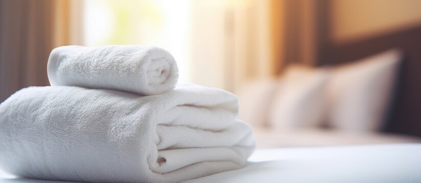 Clean cozy hotel bed with fresh towels Copy space image Place for adding text or design