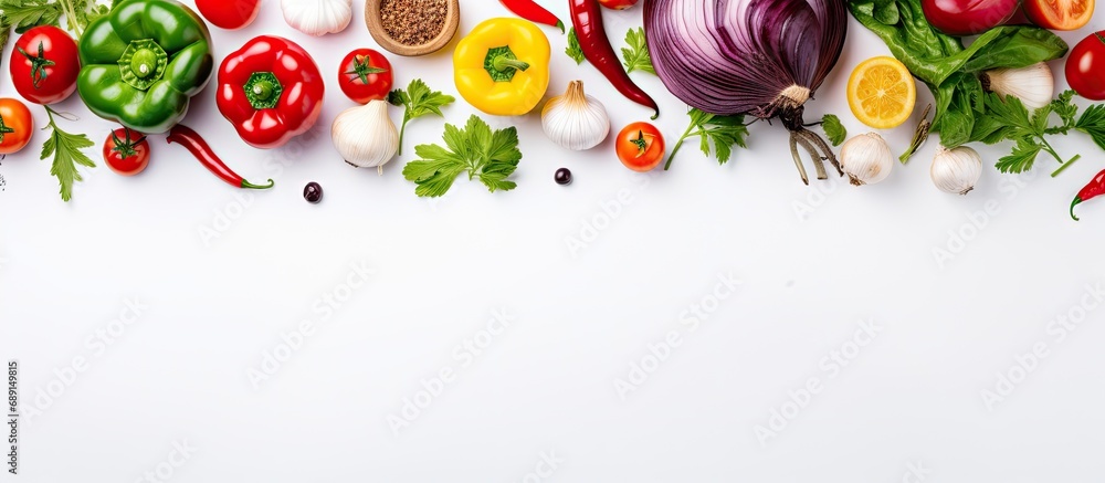 Poster celebrating plant based diet concept with fresh produce on white background copy space image place f