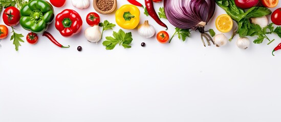 Celebrating plant based diet concept with fresh produce on white background Copy space image Place for adding text or design - obrazy, fototapety, plakaty