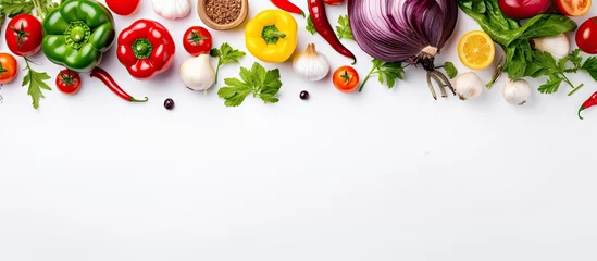 Poster Celebrating plant based diet concept with fresh produce on white background Copy space image Place for adding text or design © vxnaghiyev