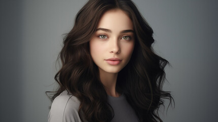 Fototapeta premium Beauty fashion portrait of young woman, waving brunne hairstyle, confident look, studio shot. AI generated