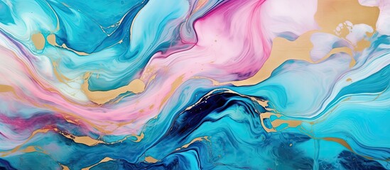 Marble like fluid art painting with teal pink and gold colors featuring wavy design and shimmering golden veins Copy space image Place for adding text or design