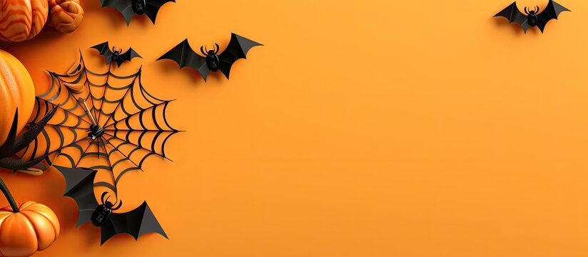Halloween decorations pumpkin paper bats black spider on orange background Flat lay top view Copy space available Copy space image Place for adding text or design