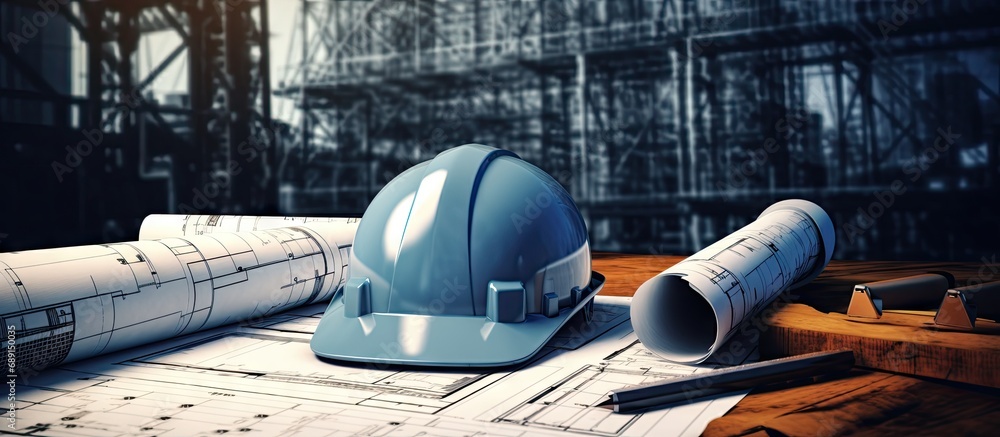 Poster blueprints featuring helmet and tools for construction copy space image place for adding text or des