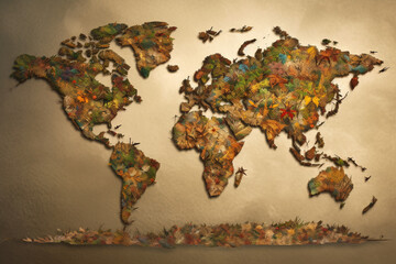 Map of the world made with autumn leaves on grunge paper background
