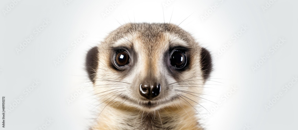 Poster Meerkat portrait on white backdrop Copy space image Place for adding text or design