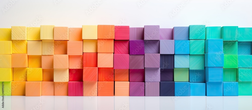 Poster Assorted vibrant wooden blocks on white background suitable for creative purposes Copy space image Place for adding text or design