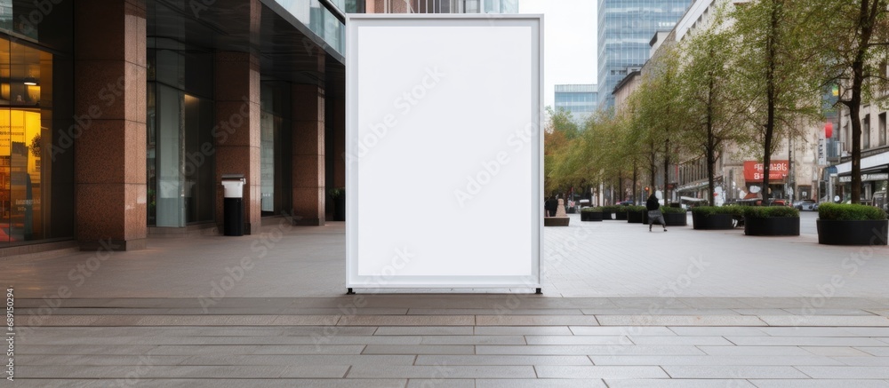 Poster mock up of a clear street signage board in an urban city environment placed outdoors on a pedestrian