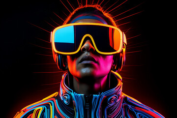 Youngster watching 3d object in virtual world fun cheerful vr glasses goggles generative ai