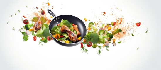 Cooking fresh organic food in a frying pan 3D rendering on white background Copy space image Place for adding text or design - obrazy, fototapety, plakaty