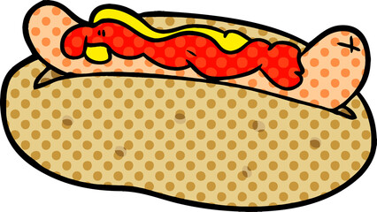 cartoon hotdog with mustard and ketchup - obrazy, fototapety, plakaty