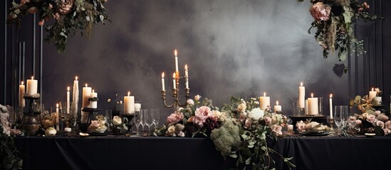 Luxurious wedding reception with trendy black decor including flowers candles and table setup in a restaurant hall Suitable for birthday parties baptisms and other events Copy space image Place - obrazy, fototapety, plakaty