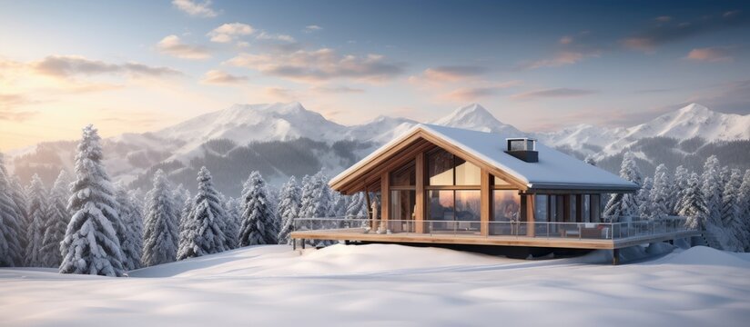 Modern wooden house in snowy ice mountains Copy space image Place for adding text or design